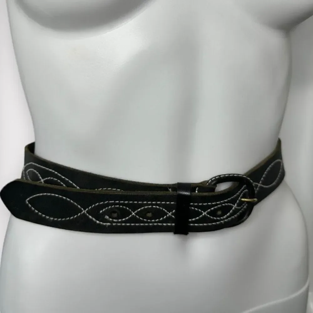 Vintage B.G. Street Belt Western Leather Embroidered Round Buckle Americana